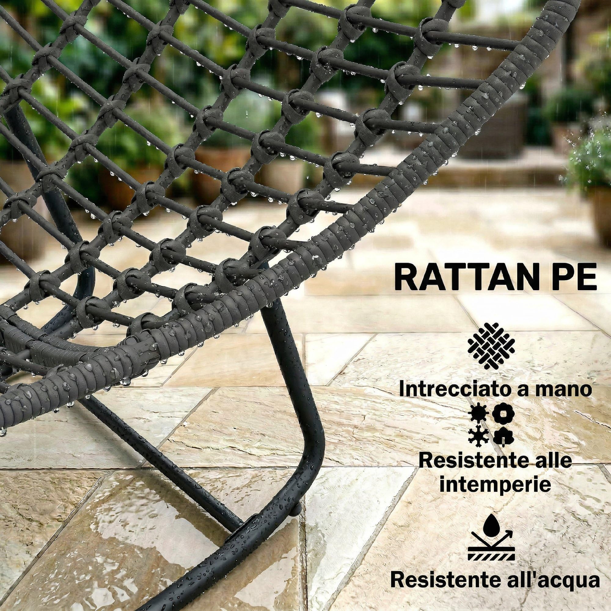 Outsunny Sedia a Dondolo in Rattan Oversize con Cuscino, Struttura Metallo Zincato, Max 120 kg, Grigio Scuro