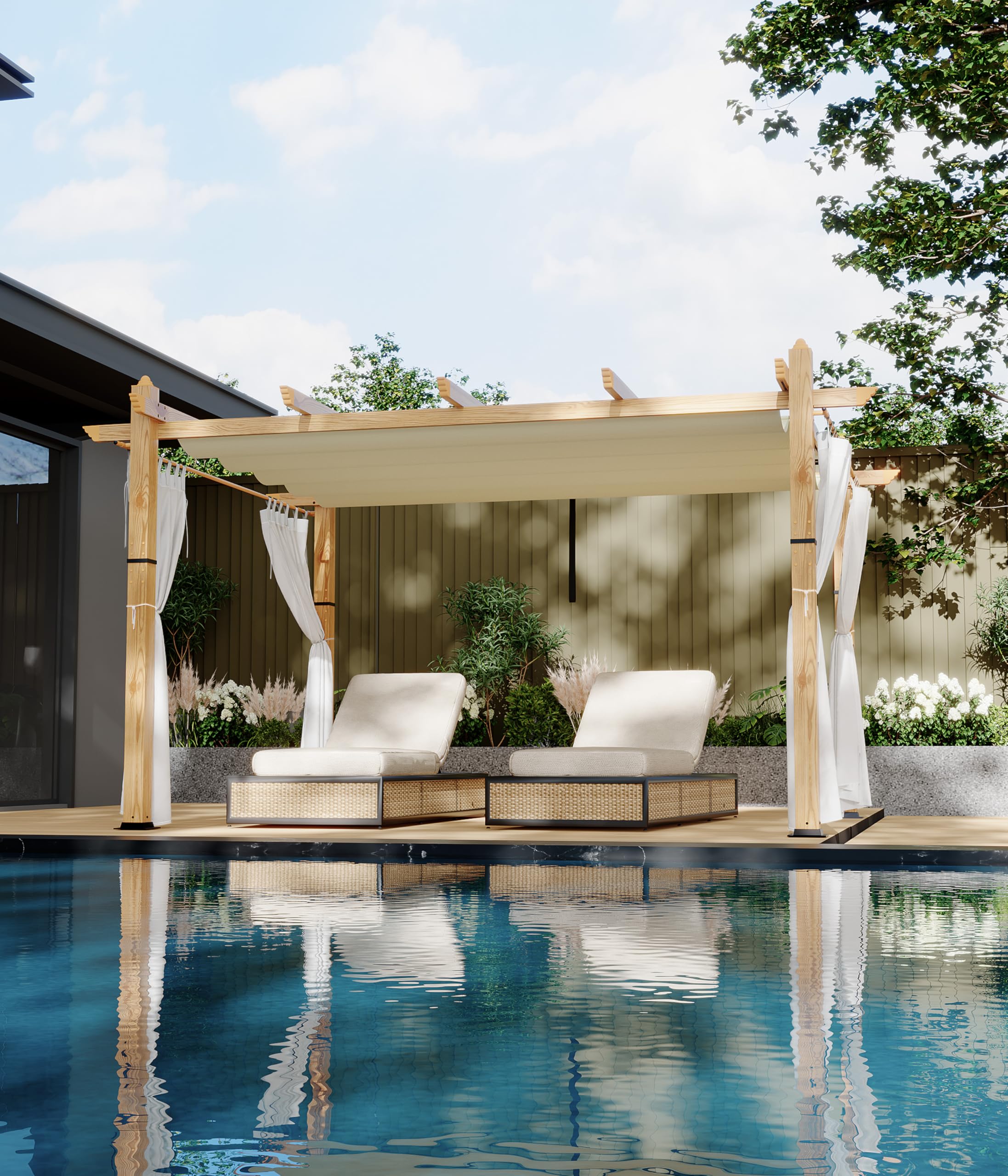 GAOMON 10x13 Ft Outdoor Pergola, Heavy-Duty Aluminum Patio Pergolas and Gazebos Clearance with Retractable Canopy &amp; Side Mesh Curtain, Metal Pergola for Existing Deck, Backyard Garden Porch, Beige