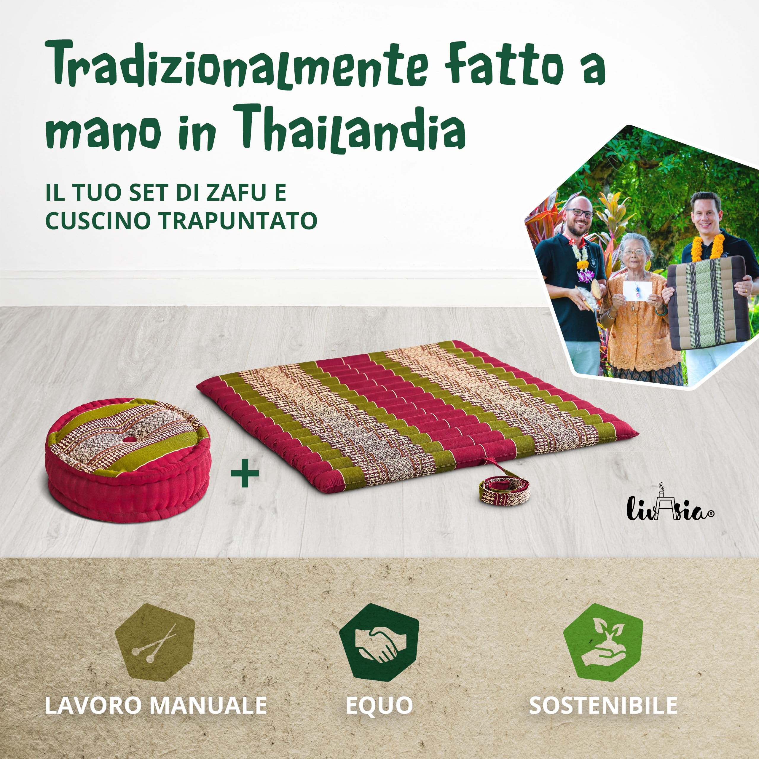livasia Set Meditazione XL - Ø 38x15cm/tappetino 75x75x4,5cm - Set Yoga Cuscino e Tappetino, Pouf, Tappetino e Cuscino Yoga Fatti a Mano con kapok, Cuscino Pavimento, Cuscino zafu (Rosso/Verde)