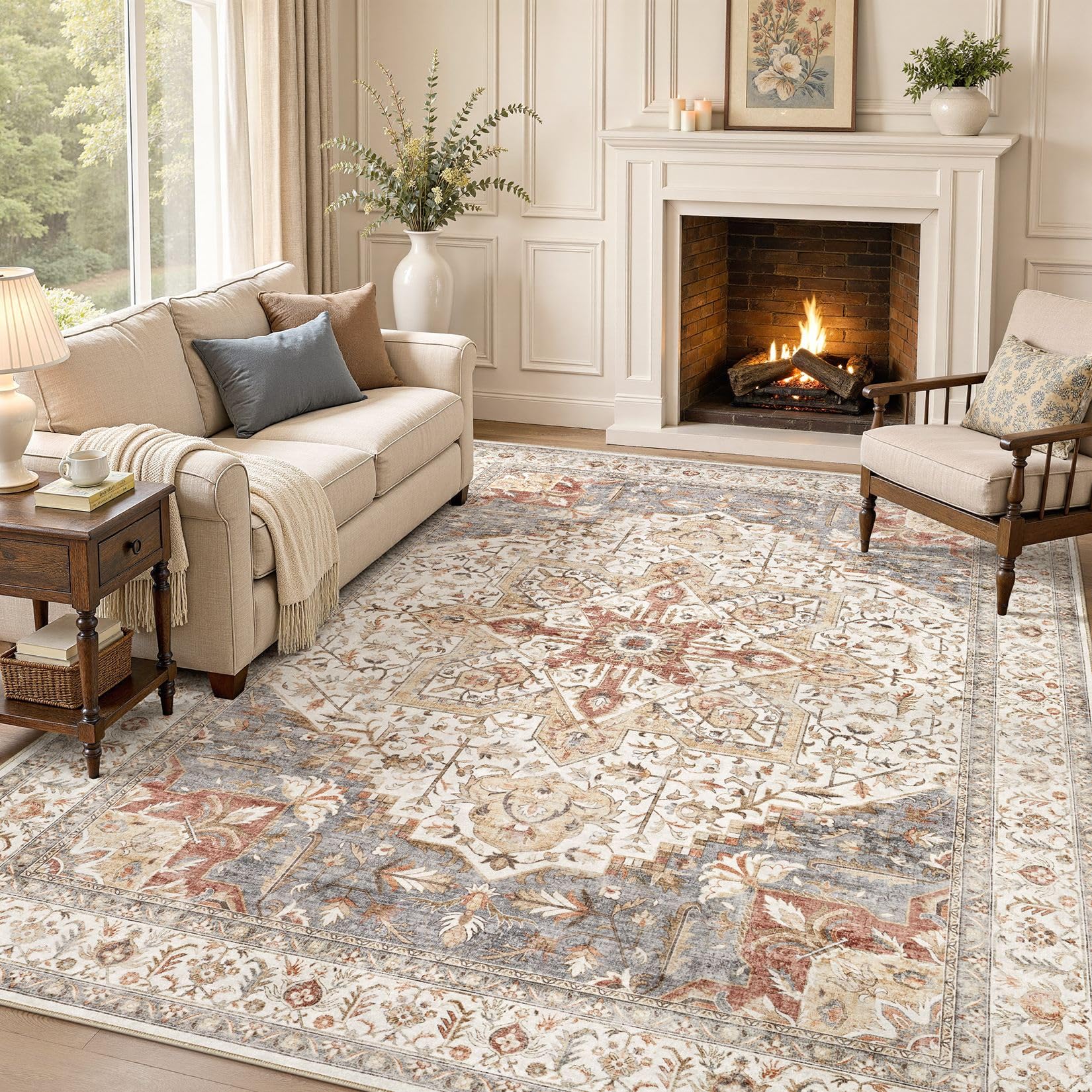 Tortania Area Rug Living Room Rugs - 9x12 Washable Boho Rug Vintage Oriental Distressed Farmhouse Large Thin Indoor Carpet for Living Room Bedroom Under Dining Table Home Office - Orange Multi