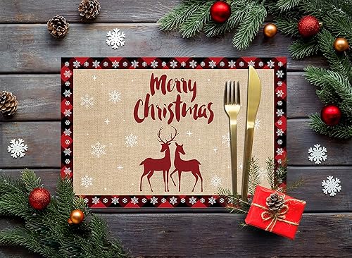 Miniatura 2 de Juego de 4 manteles individuales de alce de Navidad para mesa de comedor, diseño de reno de Navidad, negro, rojo, búfalo, a cuadros, duraderos,