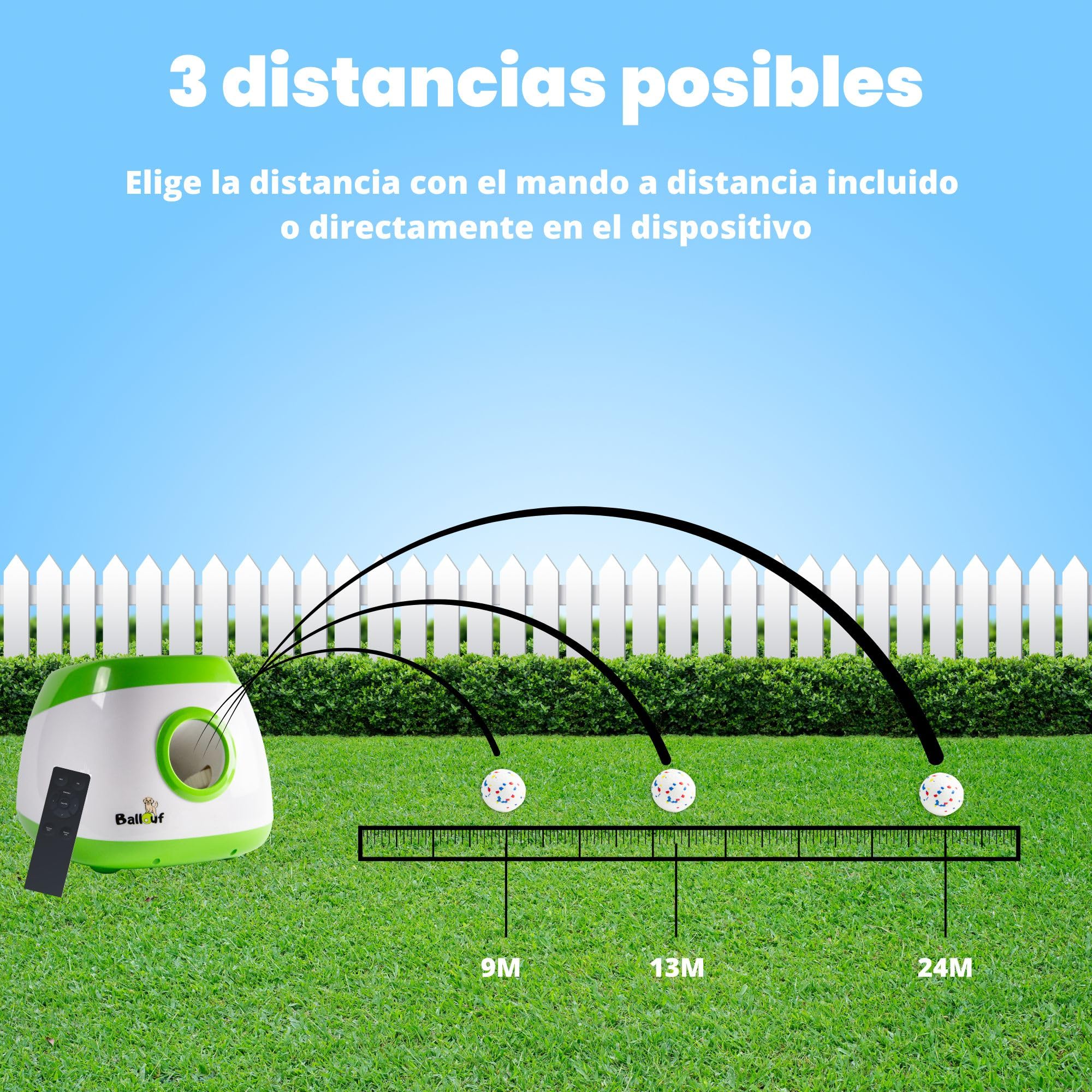 Climsom Lanzador automático de pelotas para perros Ballouf Deluxe - Incluye 6 pelotas - 6 horas de autonomía - Control remoto incluido - 3 ajustes de distancia - Lanza de 20 a 80 pies