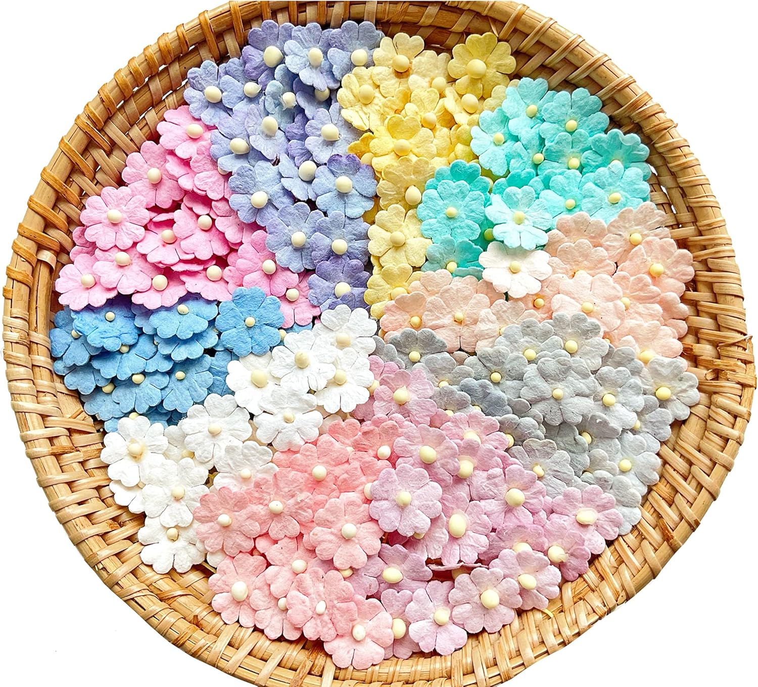 Set of 50 Tiny. Pretty Flowers Embellishment with Thread stem multicolored1 Tone Pastel Size 0.31" Mulberry Paper Flowers Craft Supplies Scrap Booking Embellishments for so Many Card Craft Projects - Image 2