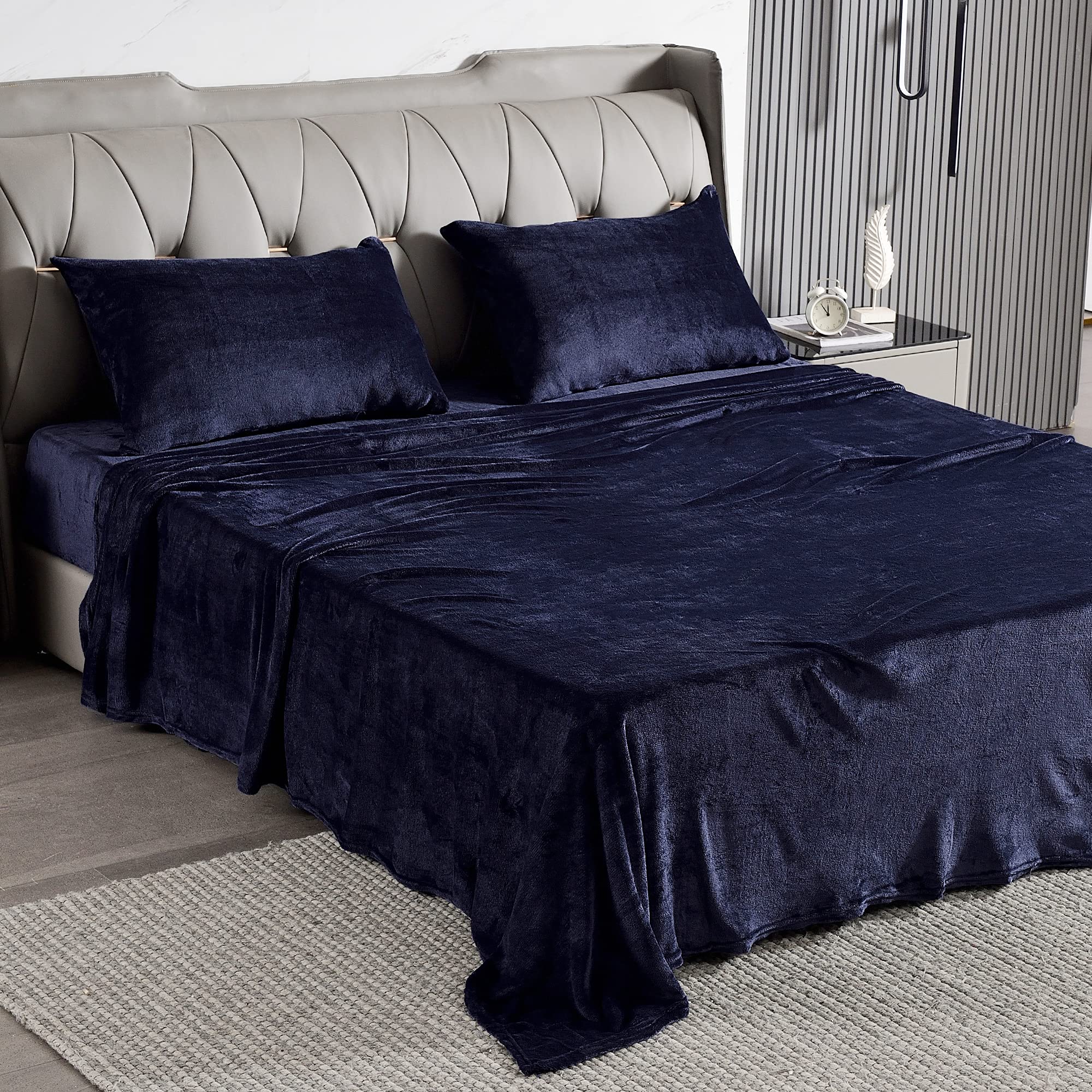 NC Microfiber Polar Fleece Sheet Set 4PCS King Super Soft Cozy Plush Deluxe Velvet Sheets 100percent Polyester Bed Sheet Set Flat Sheet Fitted Sheet and Pillow Shams King Solid Navy Blue