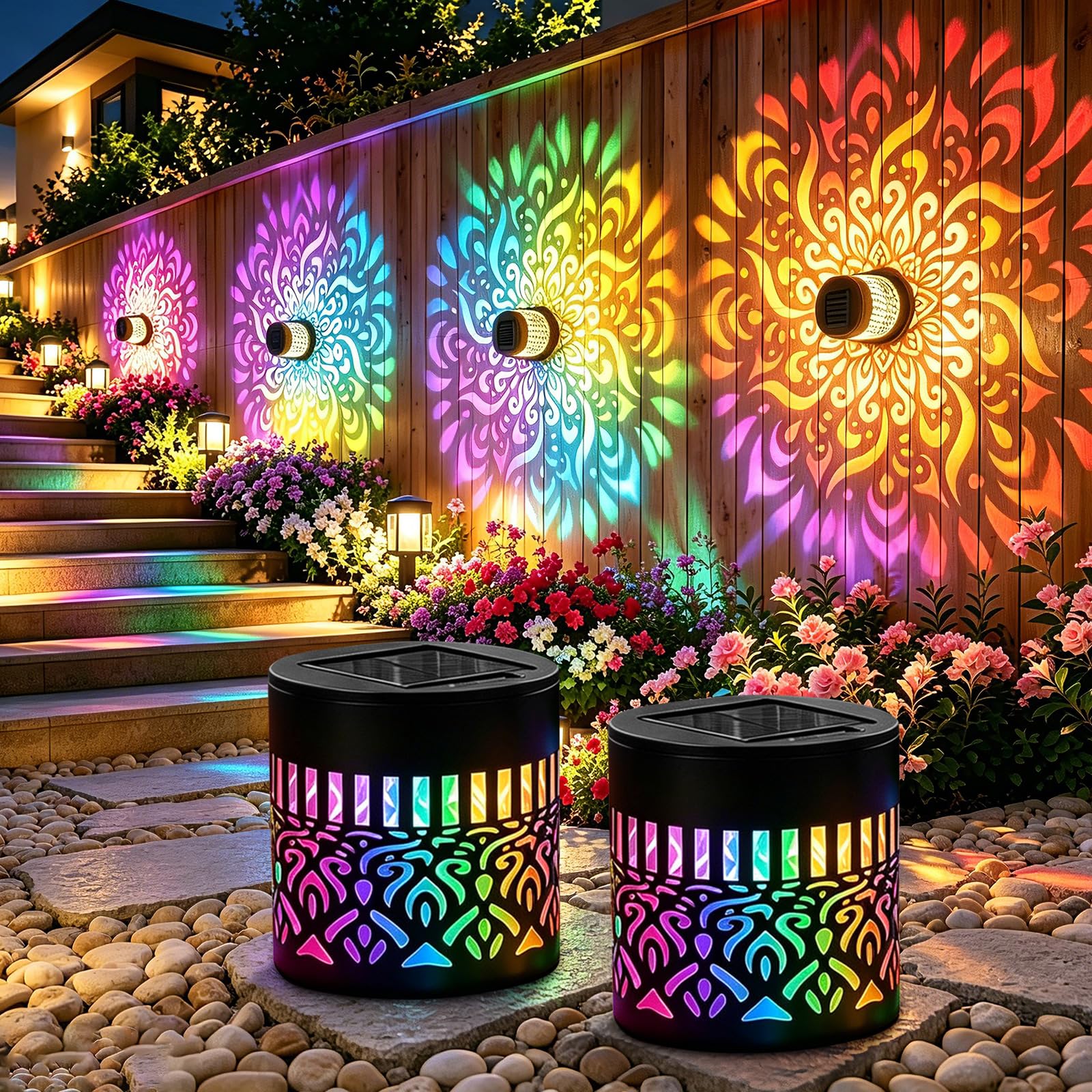 2 PCS Solar Mandala Wall Lights,Seven‑Color Garden Wall Lights Outdoor