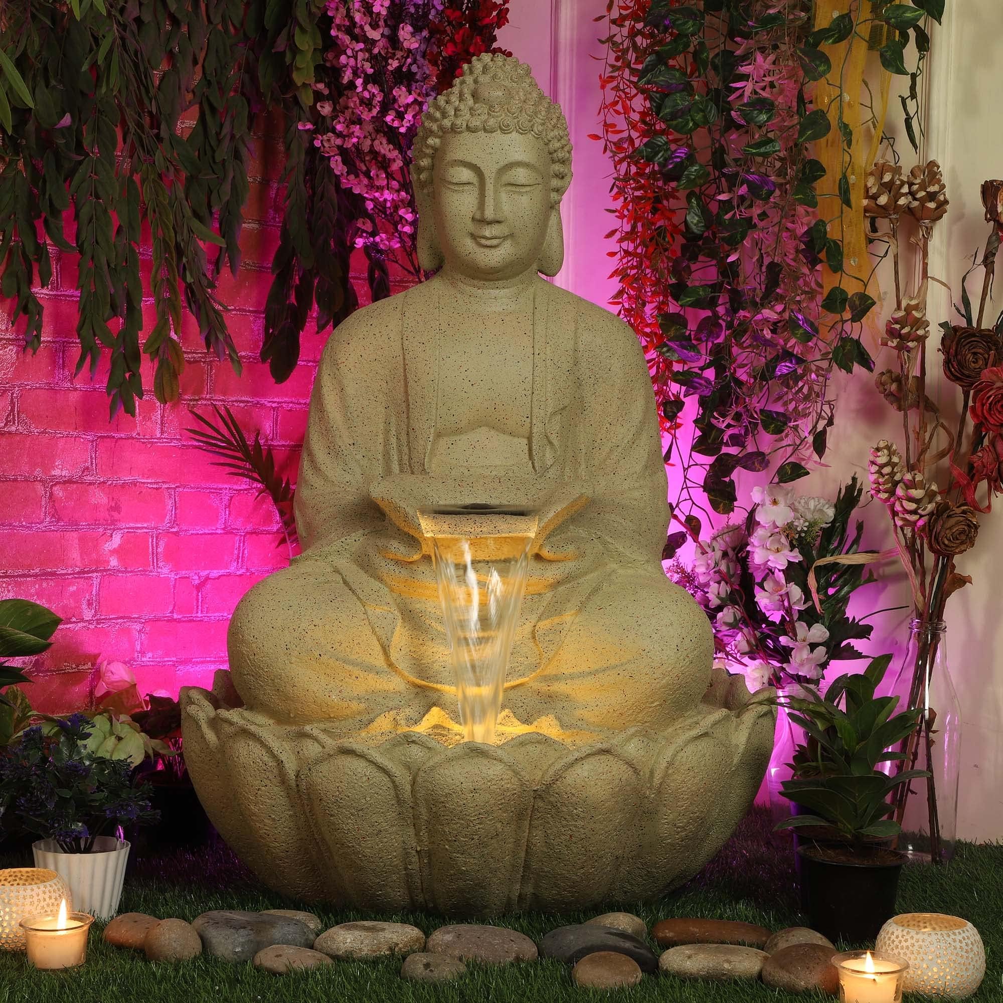 Buddha Resin Water Fountain Large for Home, Office & Garden Decor, Grey Color (Off- White)