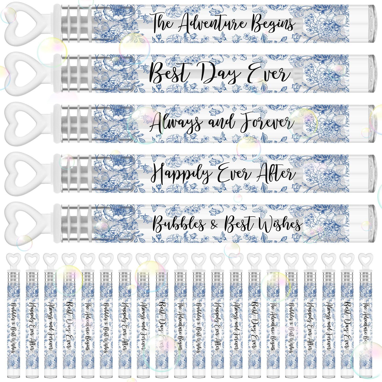 Hollowfly 60 Pack Blue Flower Wedding Mini Bubble Wands for a Wedding Bulk White Heart Bubble for Guests Send Off Wand Adults Bridal Exit Shower Party Supplies Valentine Anniversaries Celebration