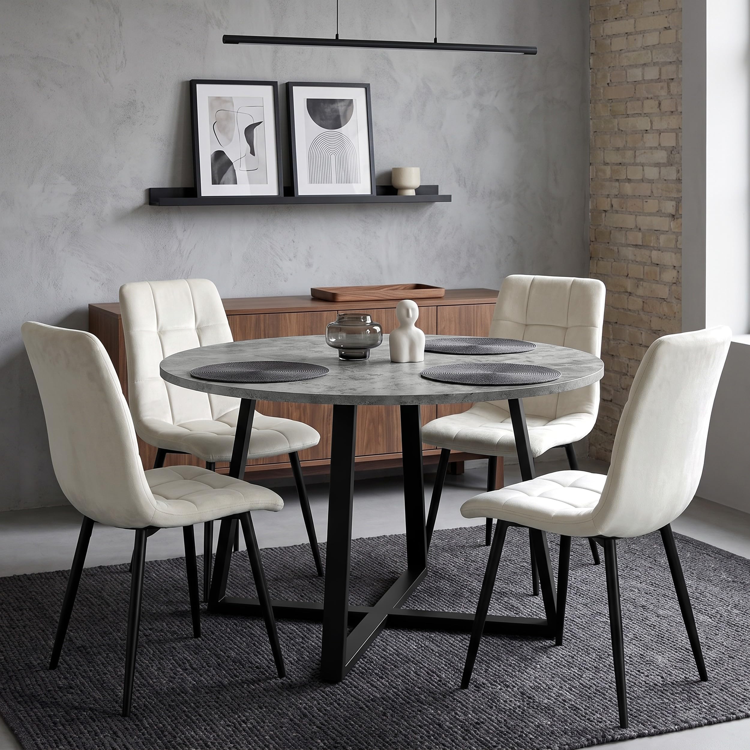 Blisswood Dining Table and Chairs Set for 4, 110cm Round Kitchen Table with Velvet Chairs, Modern 4 Seater Dining Table Set, Concrete Effect Tabletop, Space Saving Dining Room Furniture, Cream Chairs