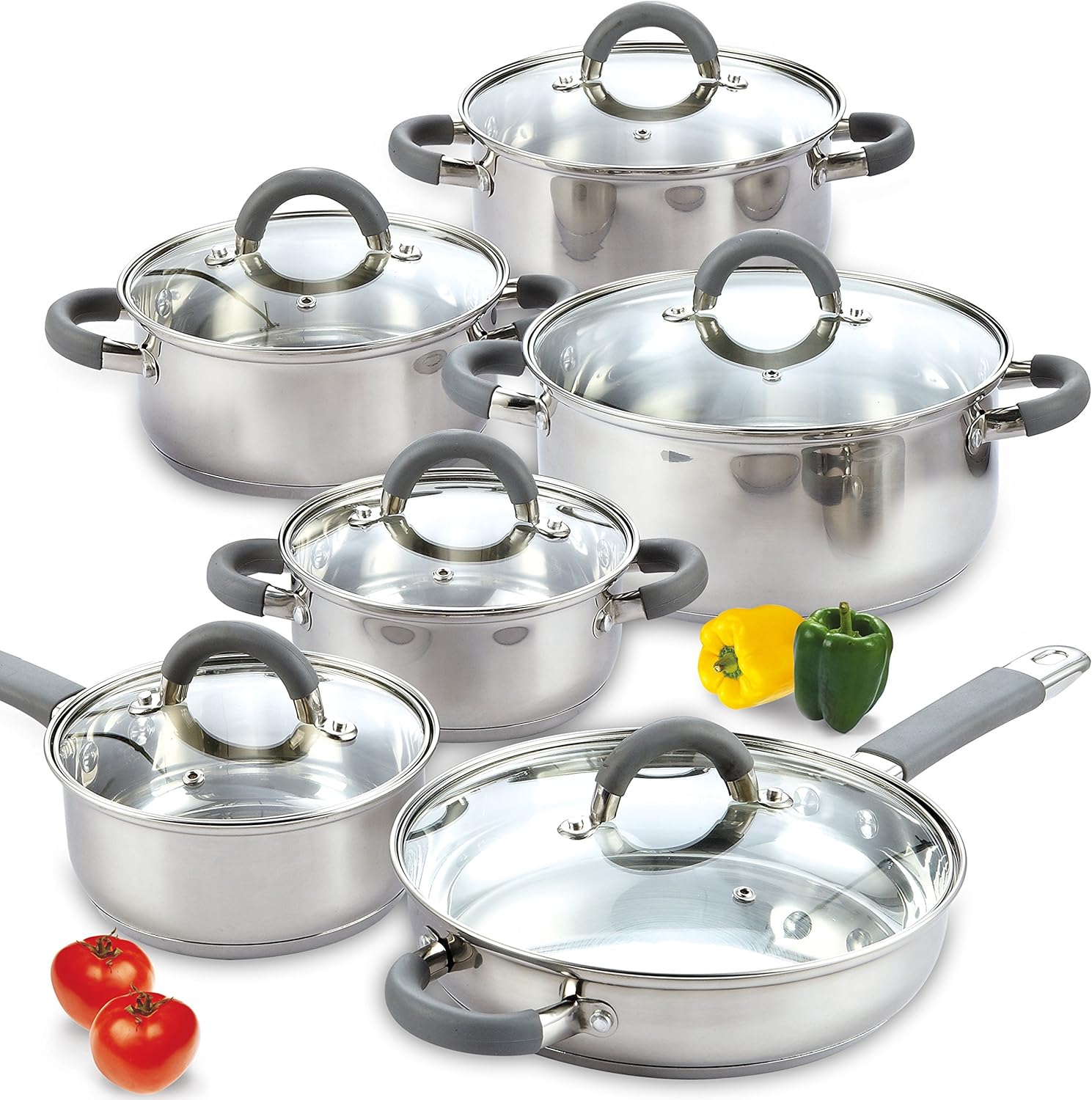 Cook N Home Cookware Sets 12-Piece Basics Stainless Steel Pots and Pans with Grey Silicone Handles, Silver - Thumbnail 2