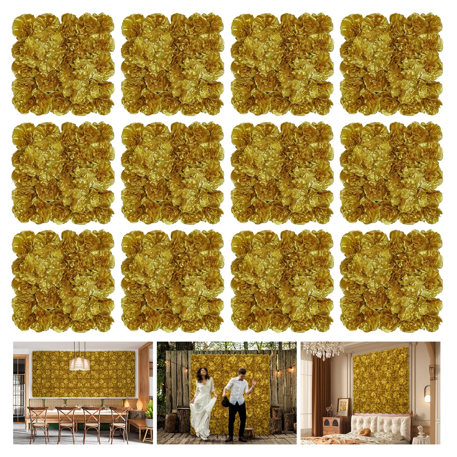 autumn collection artificial fall flower wall panels - 12-piece set of 15x15inch gold silk roses flowers wall backdrops for fall weddings thanksgiving background and seasonal home elegance