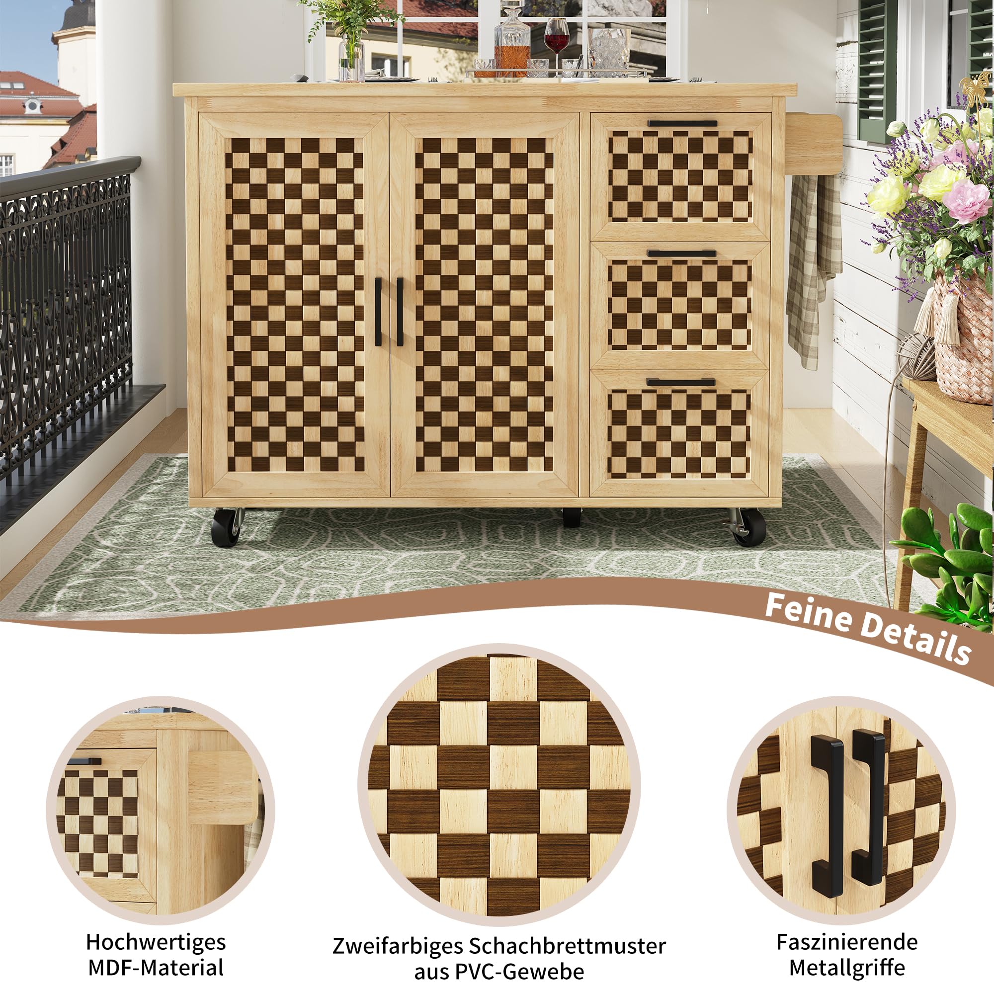 Kücheninsel auf Rollen 120x45x92 cm mit Klapptisch, 3 Schubladen, 2 Türen, verstellbaren Einlegeböden, Handtuchhalter, Buffetschrank & Servierwagen im Holzmaserung-Schachbrett Design