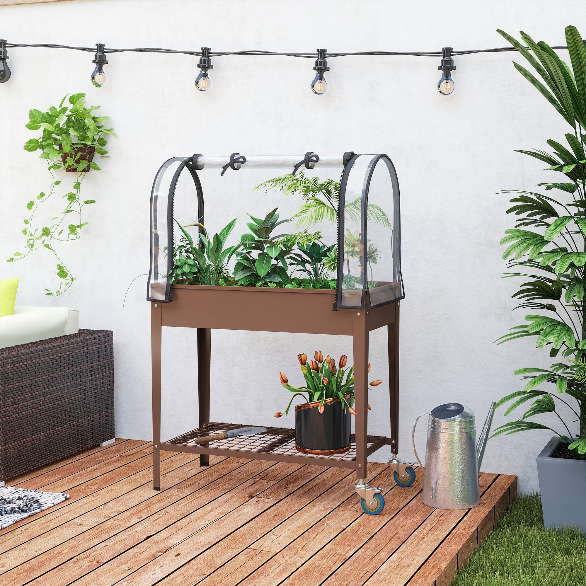 Outsunny Huerto Urbano Elevado con Ruedas, Mesa de Cultivo con Cubierta PVC de Invernadero y Estante Inferior para Cultivo, Plantas, Flores y Verduras, 80x40x120 cm, Marrón