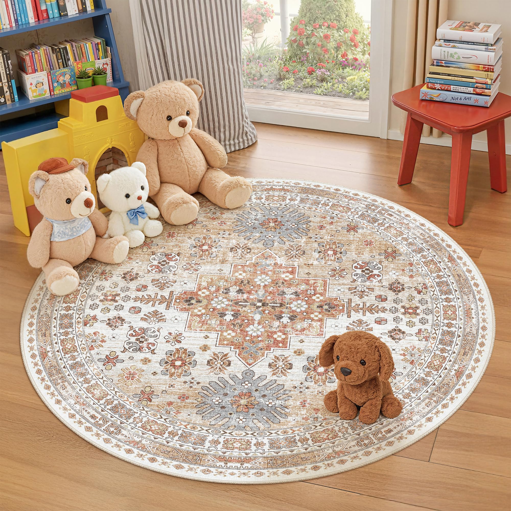 zesthome Washable Round Rug - 5ft Ultra-Thin Circle Area Rugs, Vintage Non-Slip Low Pile Rug for Living Room, Stain Resistant Rug for Bedroom,