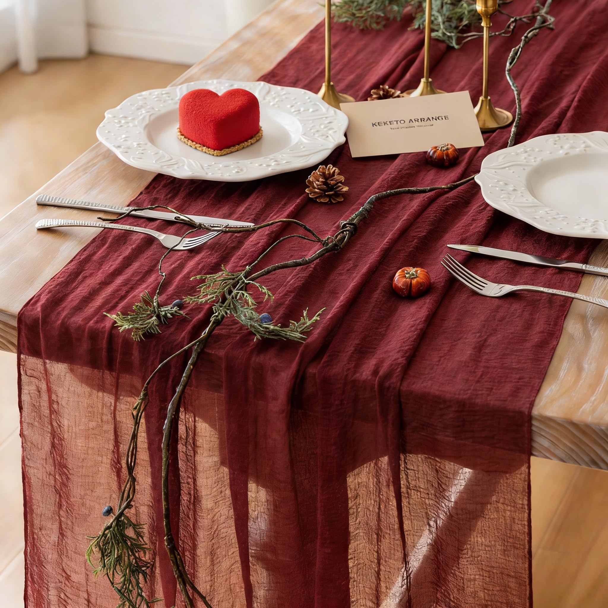 3Pcs Burgundy Cheesecloth Table Runner 120 Inches for Chirstmas Home Decor