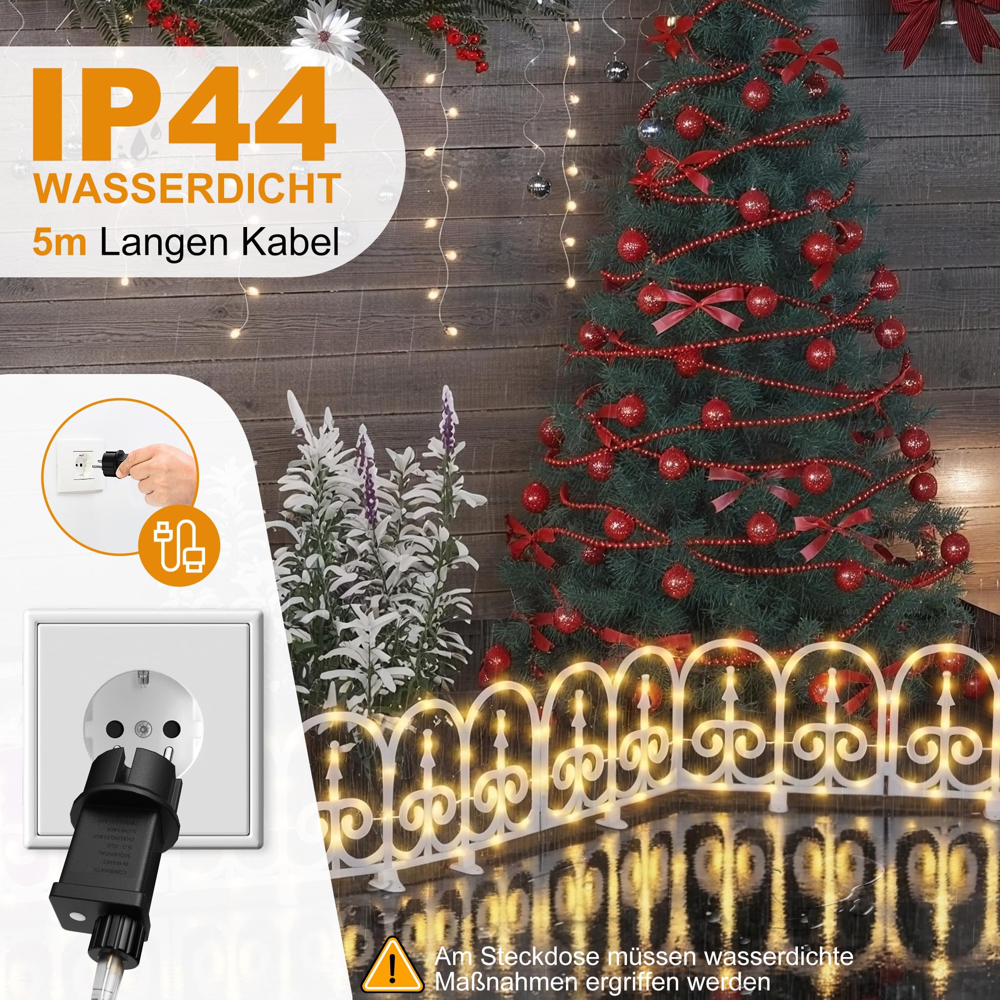 YRHome Płot pod choinkę LED, łukowaty, 3,75 m, 10 sztuk, ogrodzenie z tworzywa sztucznego, płot choinkowy, ciepła biel, dekoracja bożonarodzeniowa, lampa, 8 trybów, wodoszczelność IP44, dla zwierząt