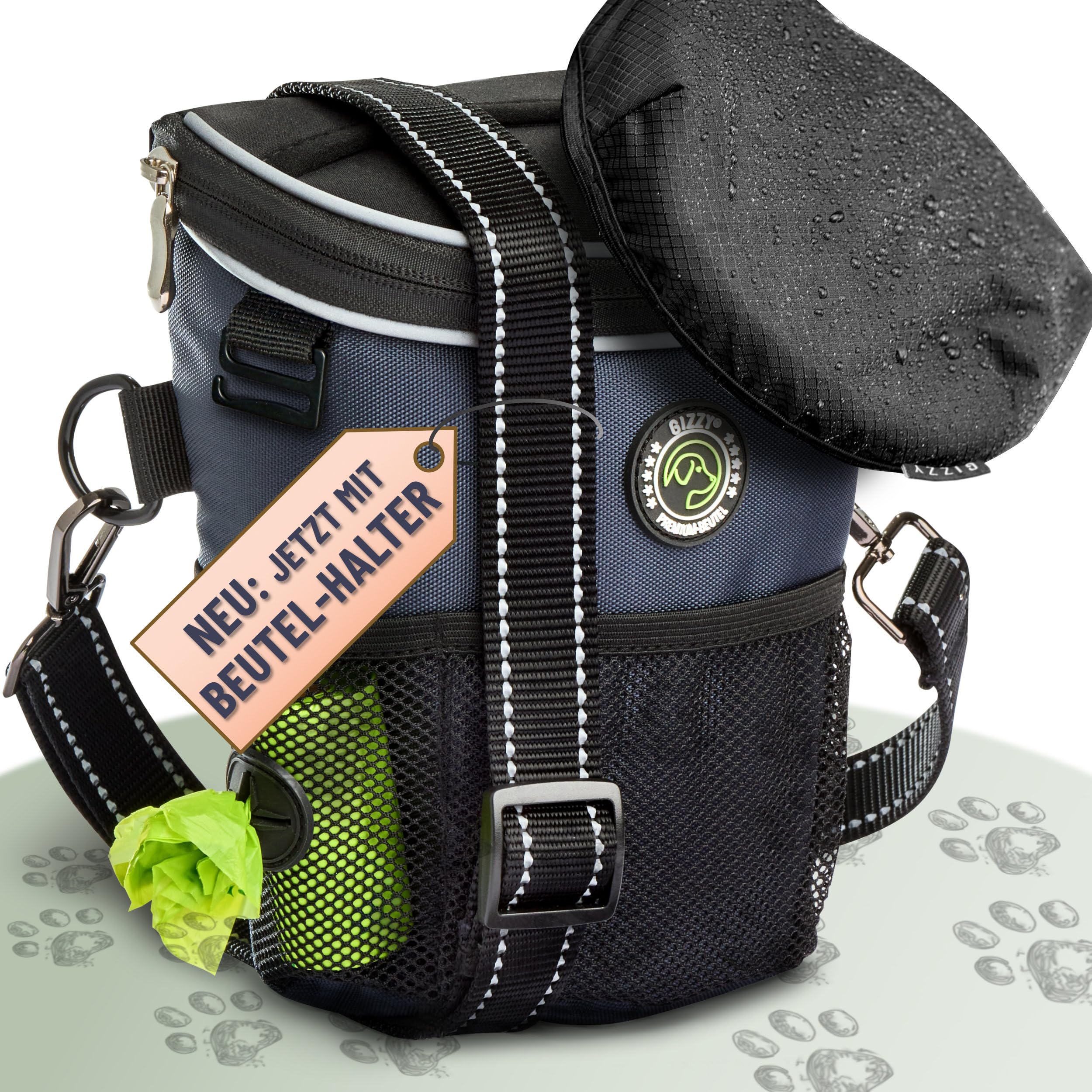 GIZZY® DAS ORIGINAL | Leckerlitasche für Hunde + REGENHAUBE | Leckerlibeutel für Hunde mit praktischer Einhand-Öffnung | Hunde Leckerlitasche für Training & Welpenerziehung | Gassi Tasche Hund [Blau]