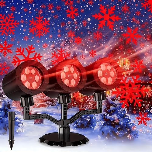 Christmas Projector Lights Outdoor, GUSODOR Dynamic Snowflake Projector for Indoor Outdoor Christmas, Yard Decor,Yard Decor -Three-Head A (Vermilion)