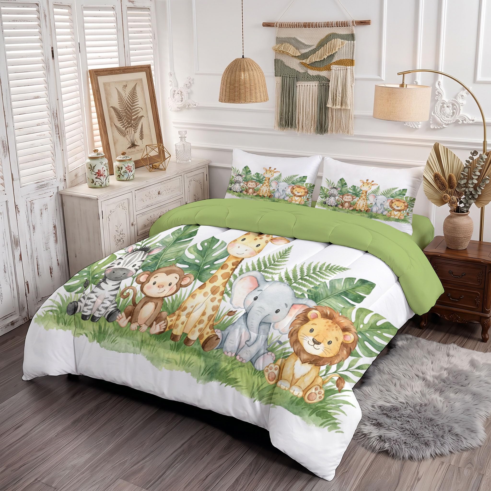 Piumone 2-In-1 Letto Matrimoniale 240X220 Cm Foresta Degli Animali Ad Acquerello | Trapunta E Piumino Reversibile 4 Stagioni, Giraffa Carina Leone, Copriletto Lavabile Morbido Leggero, Verde Salvia