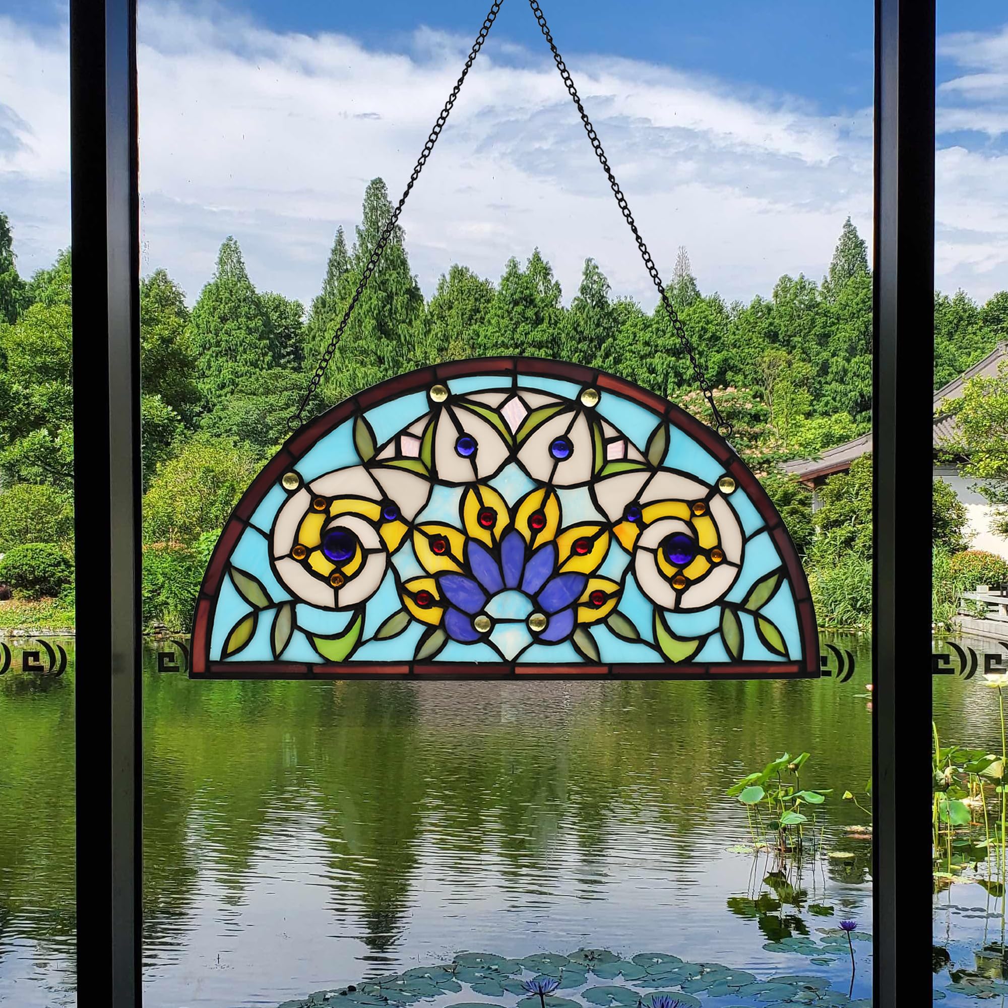YOURANJU Halbmond-Buntglas-Fensterdekoration, Tiffany-Stil, 40,6 x 20,3 cm, halbrund, Einweihungsgeschenk, Wohnzimmer, Schlafzimmer, Küche, Fenster, dekorative Behänge mit Kette (Blume)