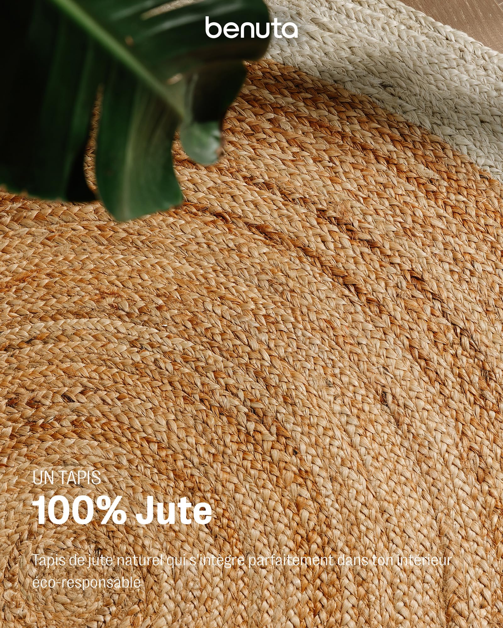 benuta Pure Jute Tapis Jutta - Naturel - Rond - 115 cm - Tapis de salon tissé à la main - Design bohème naturel - Convient pour chauffage au sol