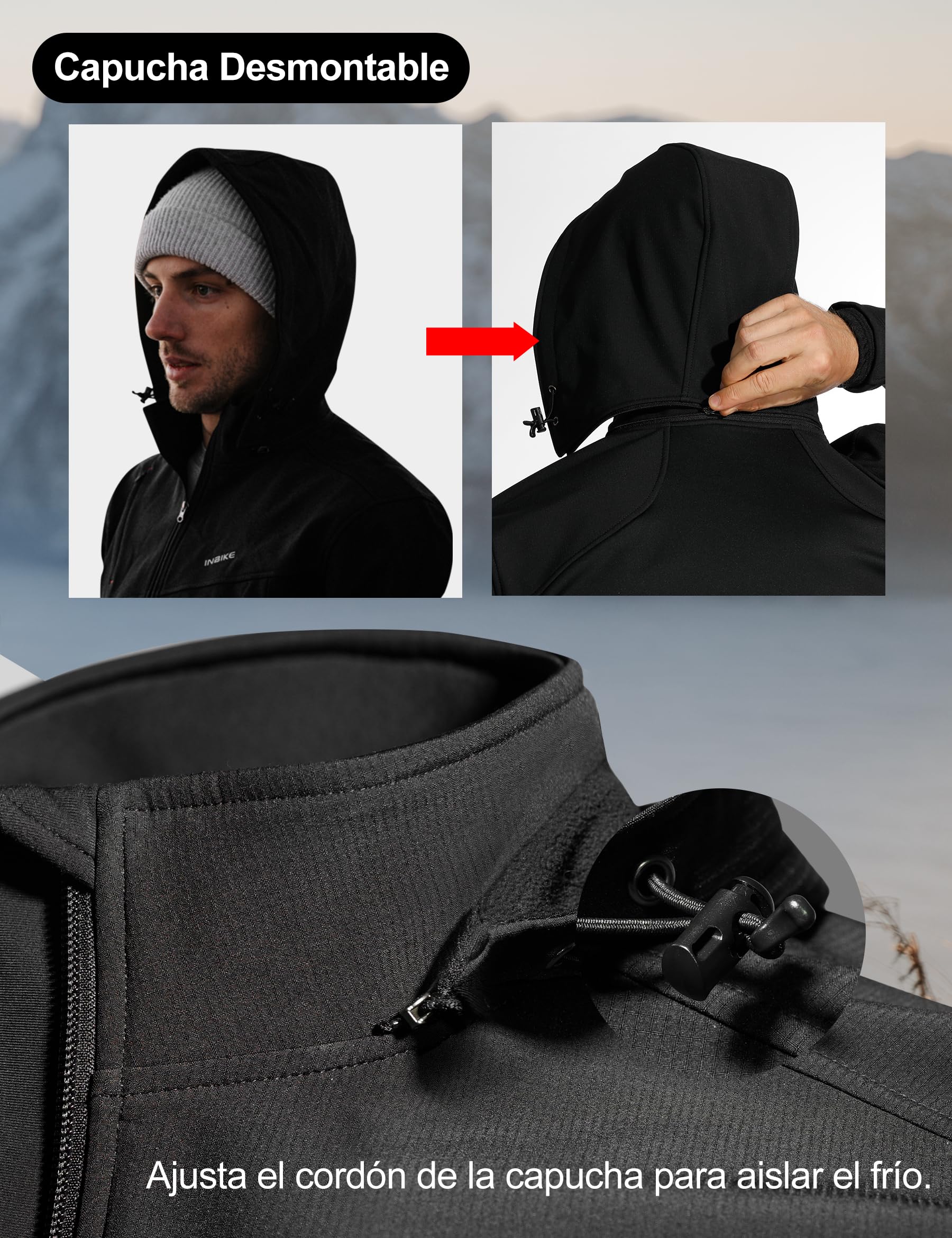 INBIKE Chaqueta Softshell Cálida Para Invierno Cazadora Resistente Al Viento y Agua Con Capucha Extraíble y Forro Polar Suave Para Trekking Senderismo Escalada Ciclismo Running 7103