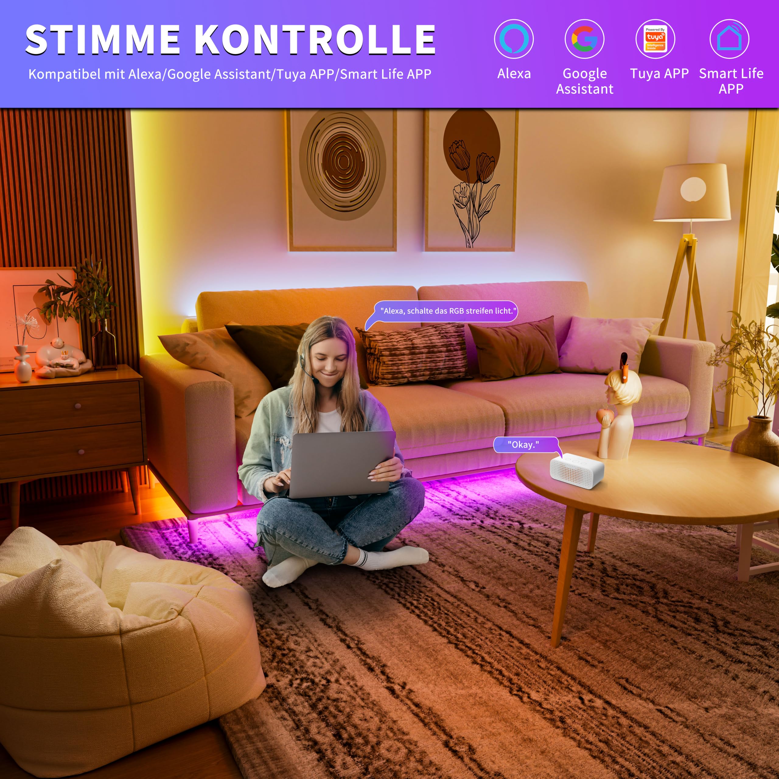 OULARA RGB COB LED Streifen 10M,24V Dimmbar LED Strip RGB Farbe Wechsel,Flexibles RGB LED Band Funktioniert mit Alexa/Google Assistant/Tuya für Küche,Schlafzimmer,Party DIY Dekoration
