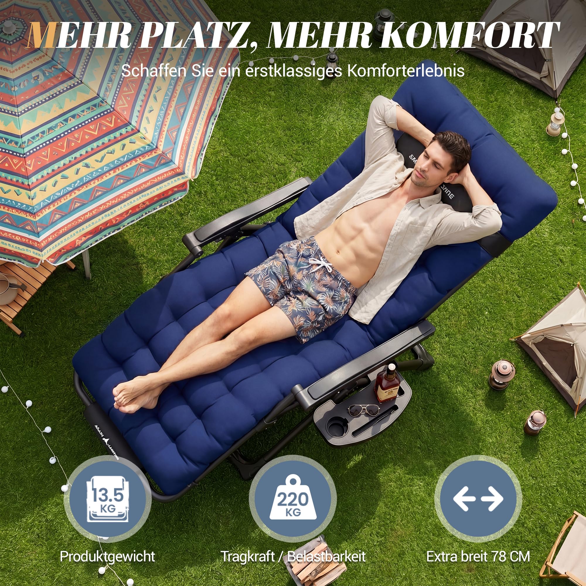 UDPATIO Sedia a sdraio pieghevole con supporto per bevande, sedia da giardino con cuscino, sedia a sdraio, extra grande, schienale regolabile (blu marino, misura XX)