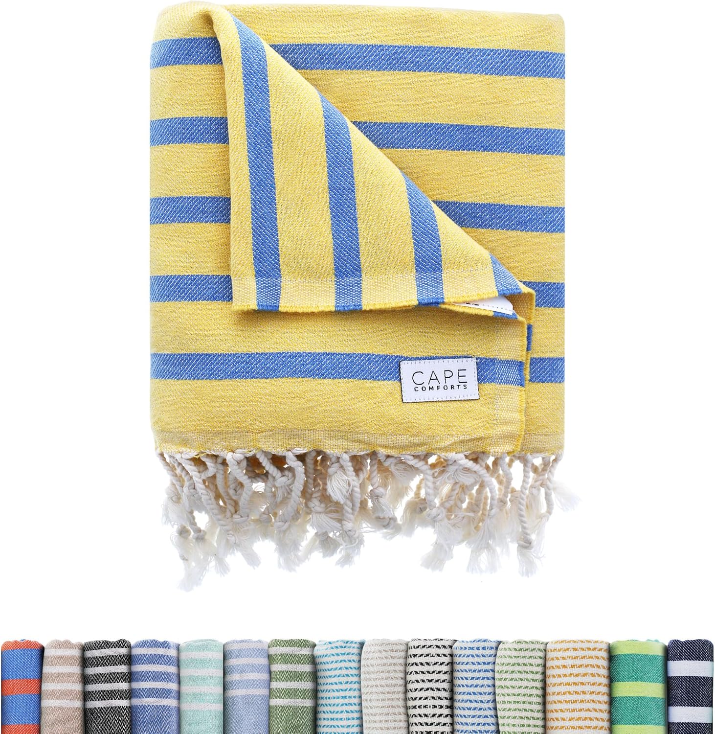 Oversized Turkish Beach Towel, Striped Pale Yellow & Powder Blue – 37” x 67” – Super Soft & Lightweight – Quick Dry Sand Free Travel Towels for Beach or Bath – Gifts