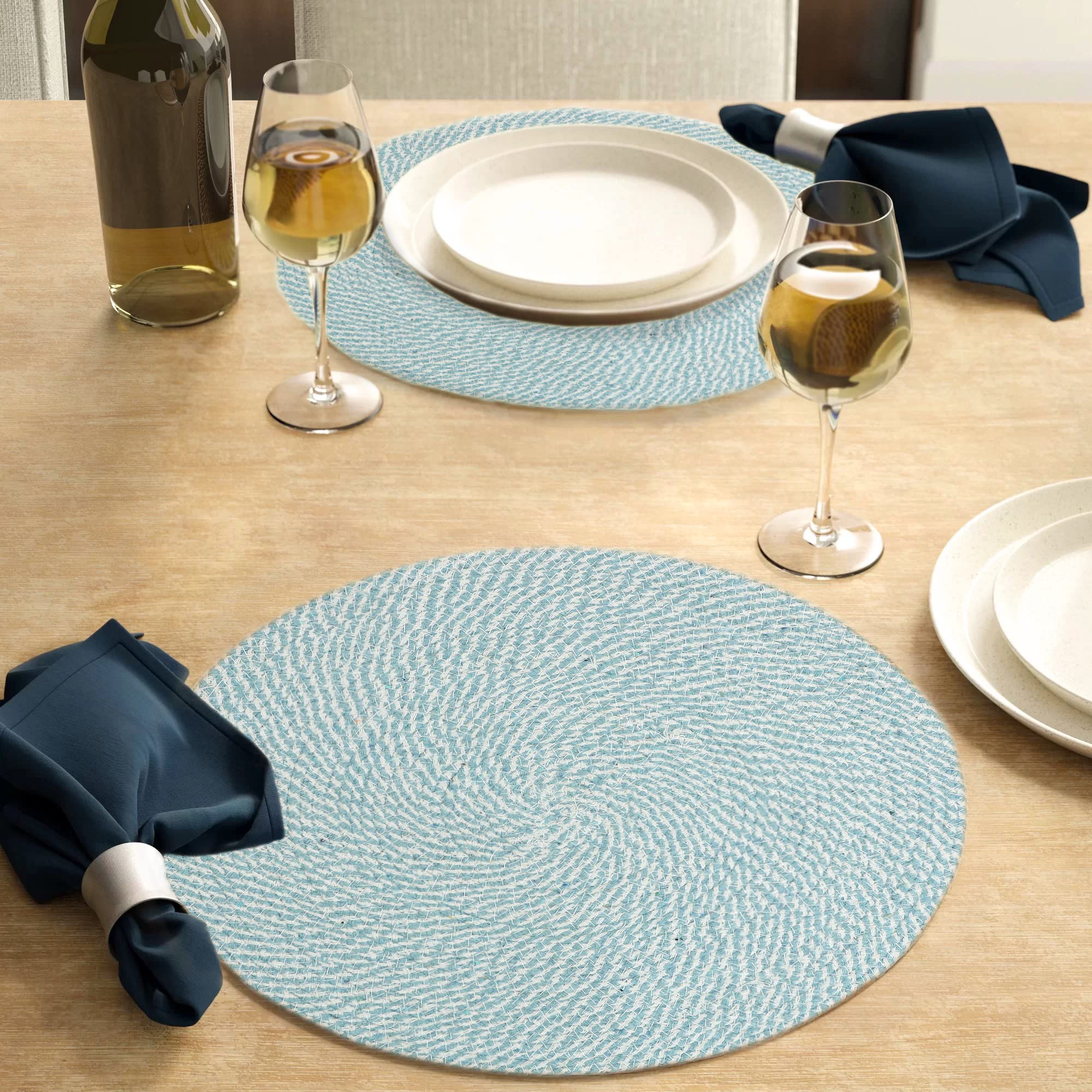 Set of 2 Cotton Placemats | Side Table Mats | 15 Inches Round | Washable | Best for Bed-Side Table, Center Table, Dining Table, Shelves | Home Decorators | Turquoise White – The Home Talk (B09H49FNPT) Amazon Price History, Amazon Price Tracker
