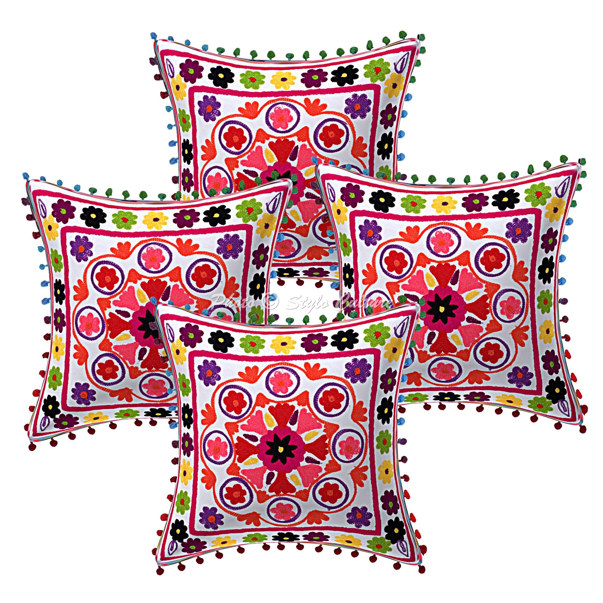 Indische Dekorativ Baumwolle Couch Kissenbezüge 40x40 cm Weiß Dekokissen Suzani Bestickte Pom Pom Spitze Schlafzimmer Sofa Kissen Bezüge Quadrat Blumen Kissenhullen - 4 STK.
