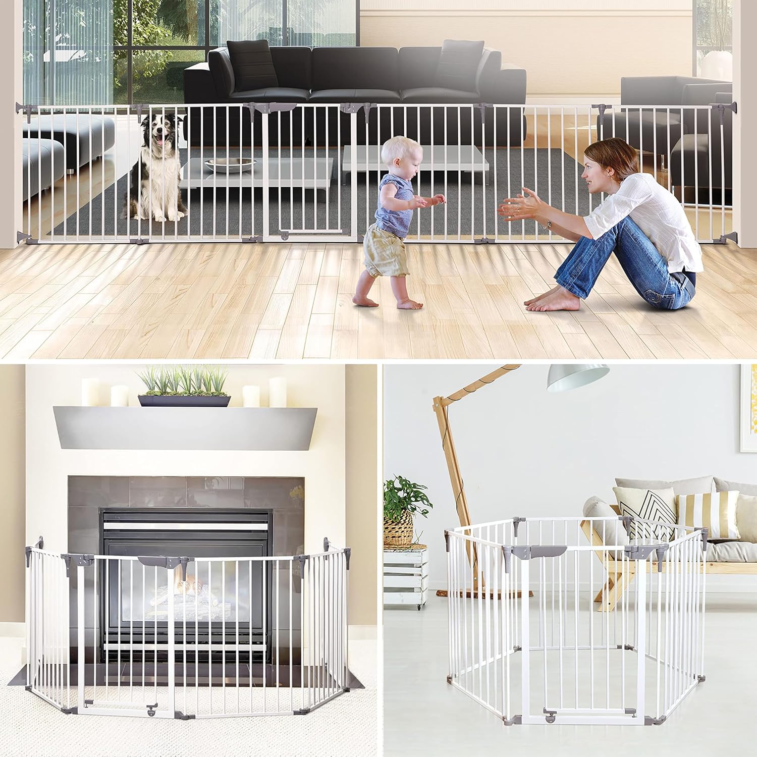Dreambaby Royale Converta shown in three configurations: wide gate, fireplace barrier, and playpen.