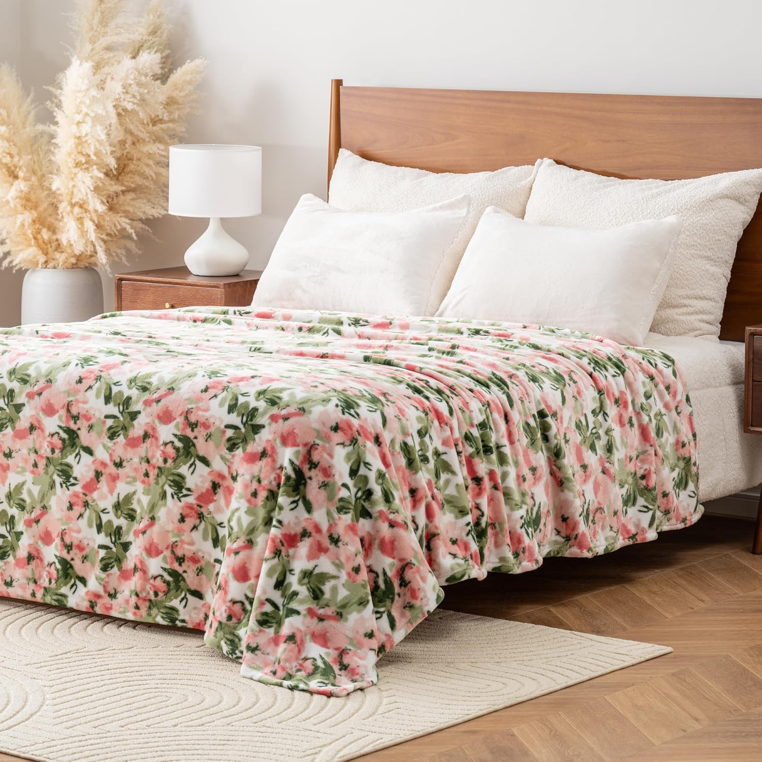 Luxury Printed Fleece Warm Blanket, Soft Lightweight Velvety Plush Throw for Couch and Bed, Cozy Comfy for All Seasons(Ivory Pink Flowers, 70×90 Inches) - Image 2