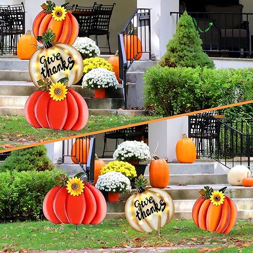 Miniatura 5 de Fovths Letrero de metal de 3 piezas de metal con diseño de calabazas de otoño, para jardín, patio, impermeable, con luz cálida, gigante, de metal,