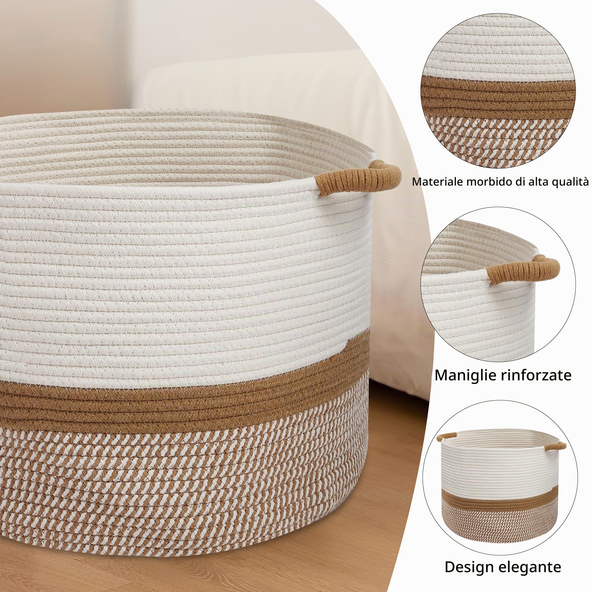 Bianco Cesto Portabiancheria Sporca in Corda di Cotone 40×40×30 cm,Cestino Portaoggetti Intrecciato con Manici,Organizer per Vestiti,Coperte,Giochi Bambini
