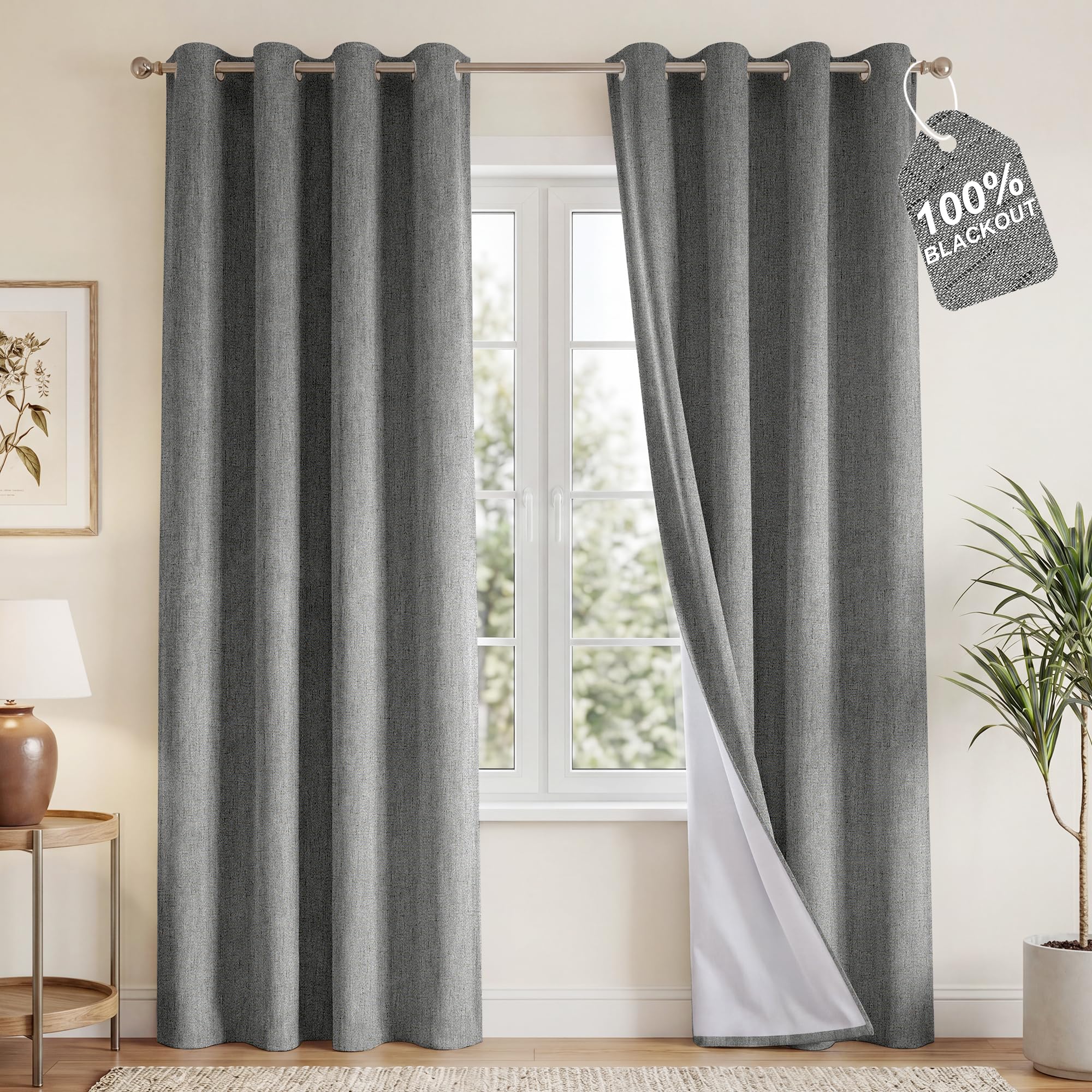 NICETOWN Grey Blackout 90 inch Curtains Faux Linen Blend 2 Panels, 52" W