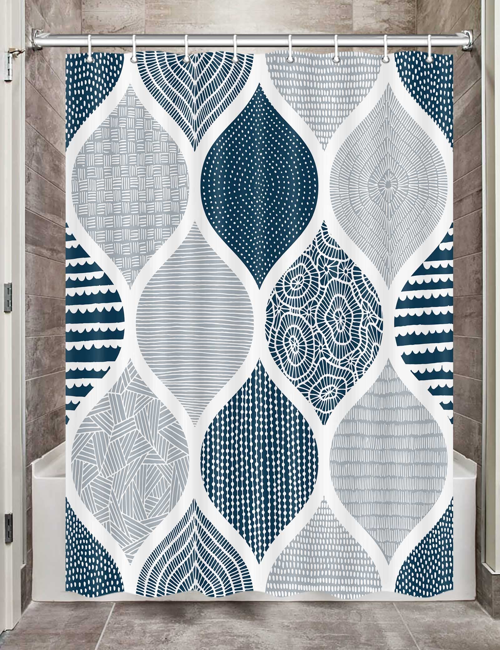 JAWO Blue and Grey Camper RV Shower Curtain for Travel Trailer Bathroom, Bohemian Chic Camping Small Narrow Shorter Fabric Shower Curtains Set, Happy