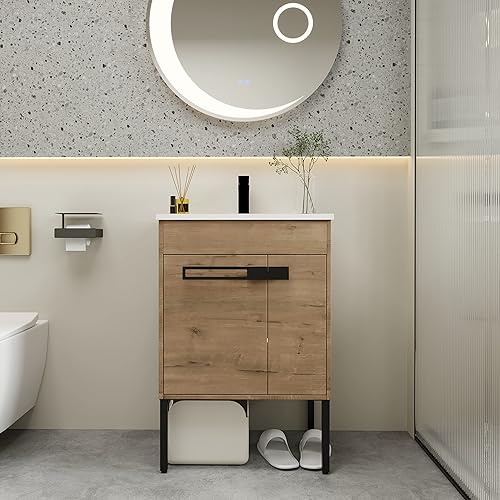 Miniatura 1 de Lavabo de baño de 24 pulgadas con lavabo, flotanteindependiente de doble montaje para espacio pequeño con 2 puertas de cierre suave y 1 estante