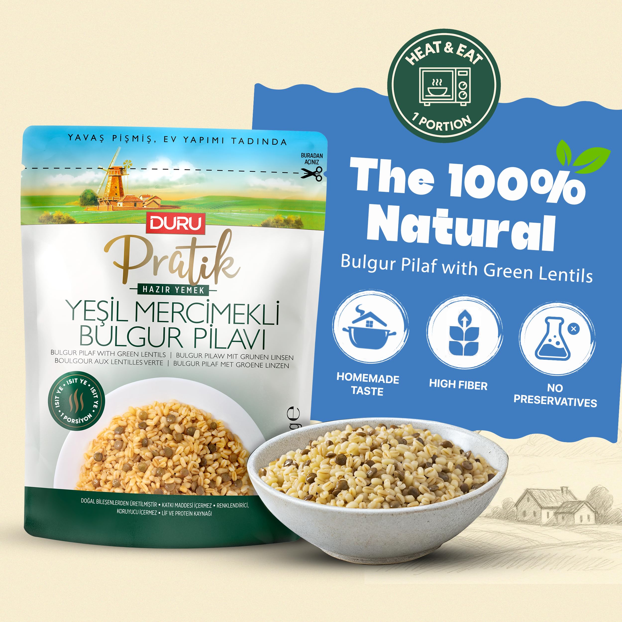 Duru Ready Bulgur Pilaf with Green Lentils, 250g x 4 Pack – Heat & Eat, 100% Natural, Non-GMO, BPA Free, No Trans Fat, No Preservatives