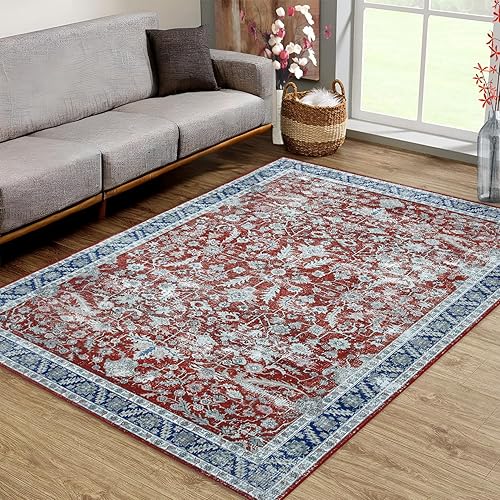 Alfombra lavable de 8 x 10 pies para sala de estar, alfombra oriental bohemia, decoración de dormitorio, alfombra suave con estampado envejecido,