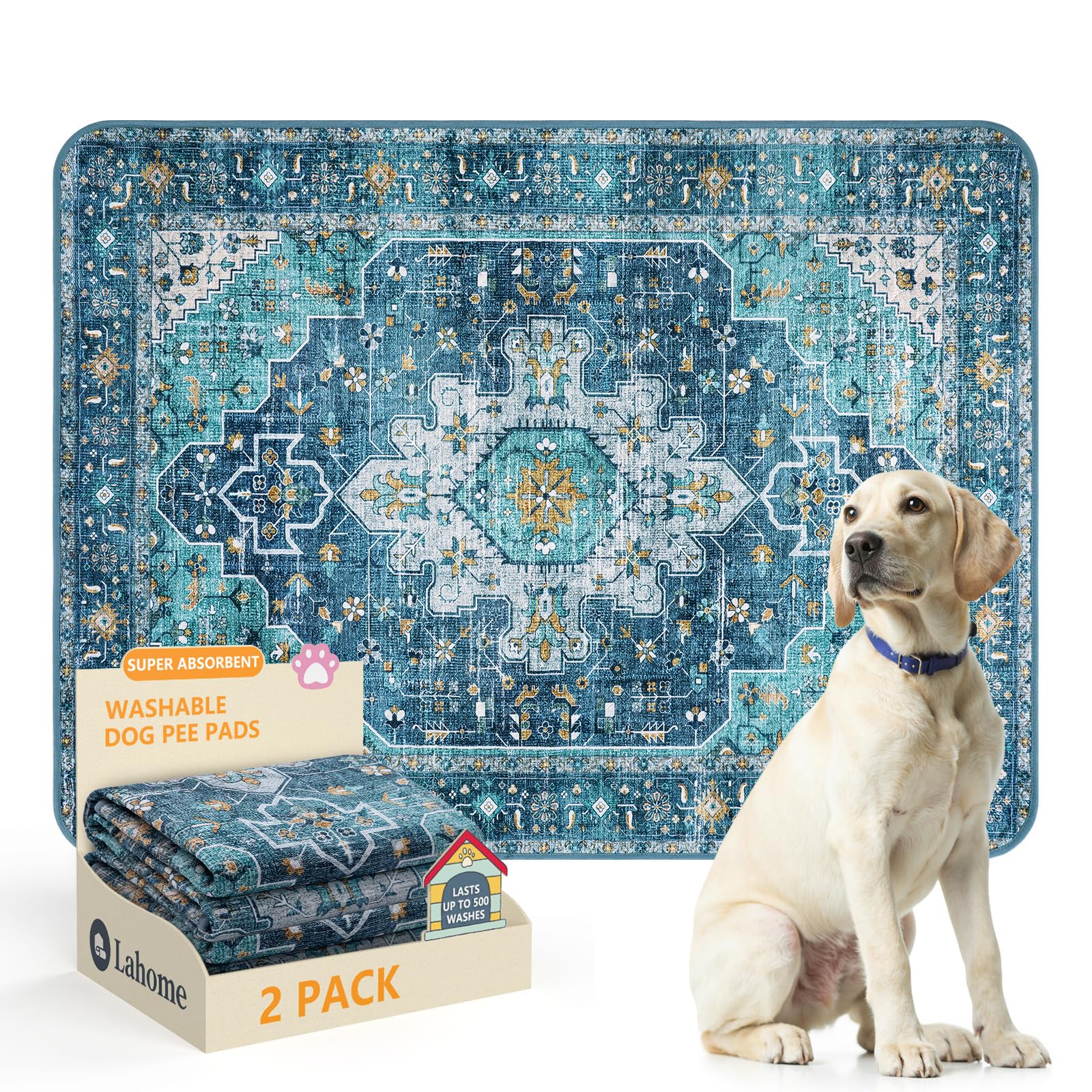 Lahome Reusable Washable Puppy Pads - 2 Pack Super Absorbent &amp; Waterproof Dog Training Mats for Potty, Crate and Floor - Leakproof Pee Pads with Non-Slip Backing (Blue, 36"x48")