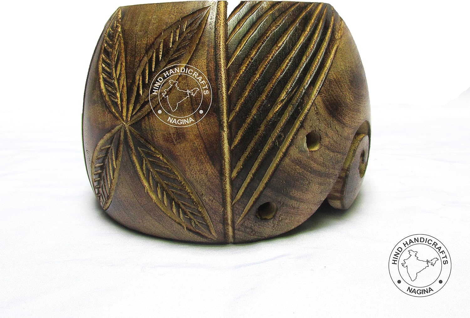 Hind Handicrafts Premium Solid Dark Handmade Crafted Wooden Portable Antique Yarn Storage Bowl - Holder for Knitting Crochet Hook Accessories (6" x 6" x 4", Torched Leaf)