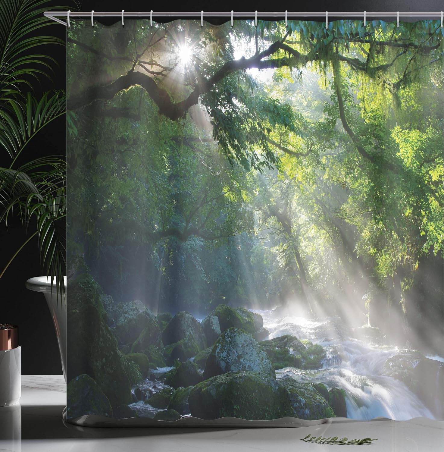 Ambesonne Rainforest Shower Curtain, Stream in The Jungle Stones Under Shadows of Trees Sun Rays Mother Earth Theme, Cloth Fabric Bathroom Decor Set with Hooks, 69" W x 70" L, Green White