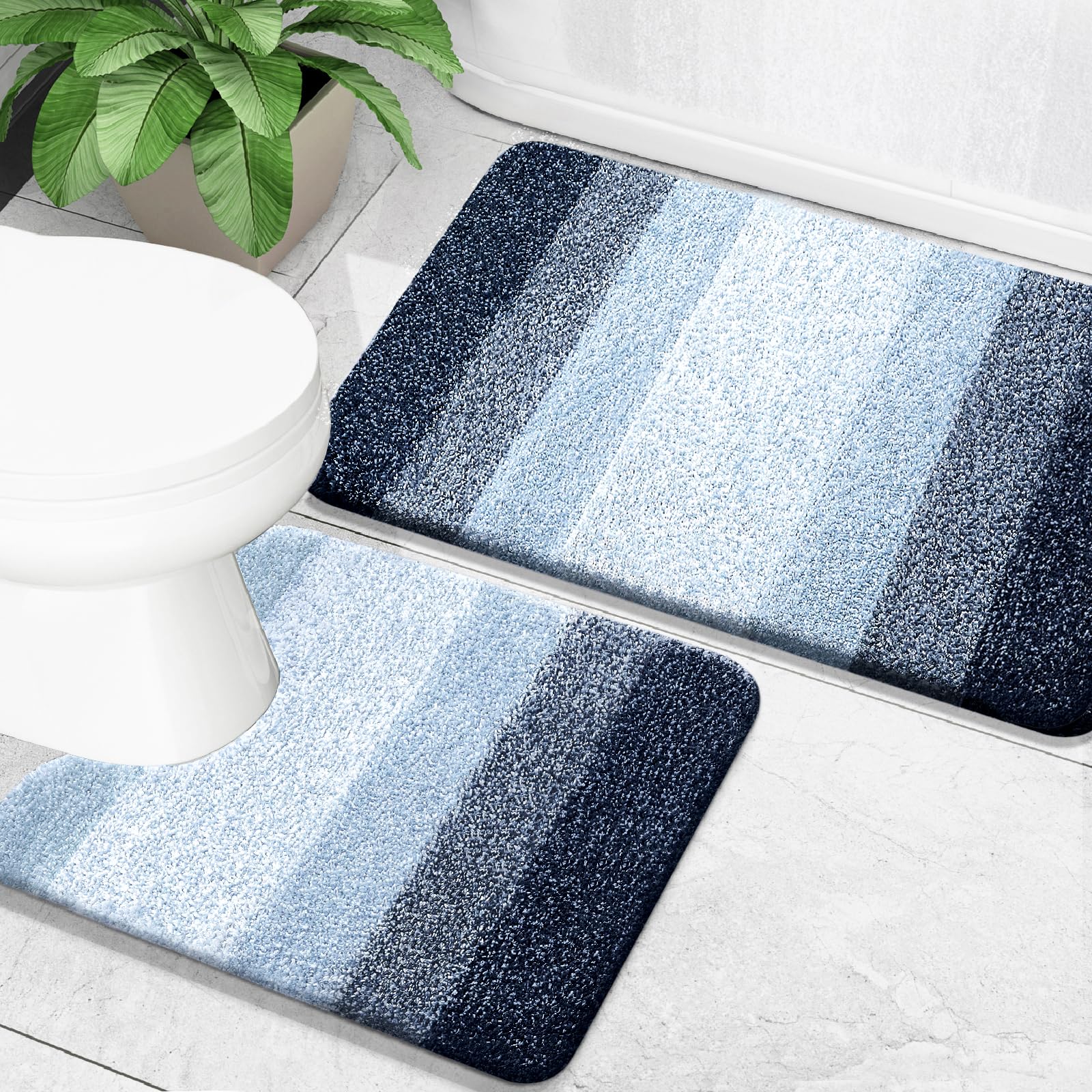 OLANLY Bathroom Rug Set 2 Piece, Soft Absorbent Microfiber Bath Mats and U-Shaped Contour Toilet Rug, Non-Slip, Machine Wash Dry, Plush Shaggy Bath Mats for Bathroom (24"x16"+24"x20", Dark Blue) — image 1