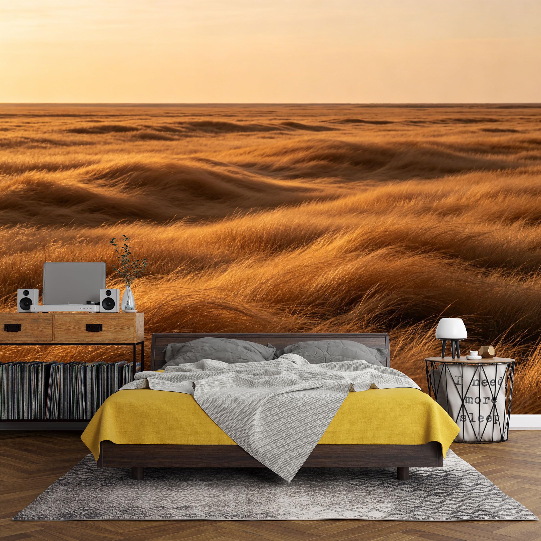 Custom Size Wall Mural， Landscape Golden Field Sunset Horizon Natural Prairie，SelfAdhesive Art Prints wall Fabric (No PVC) Removable Wallpaper Living Room Decor