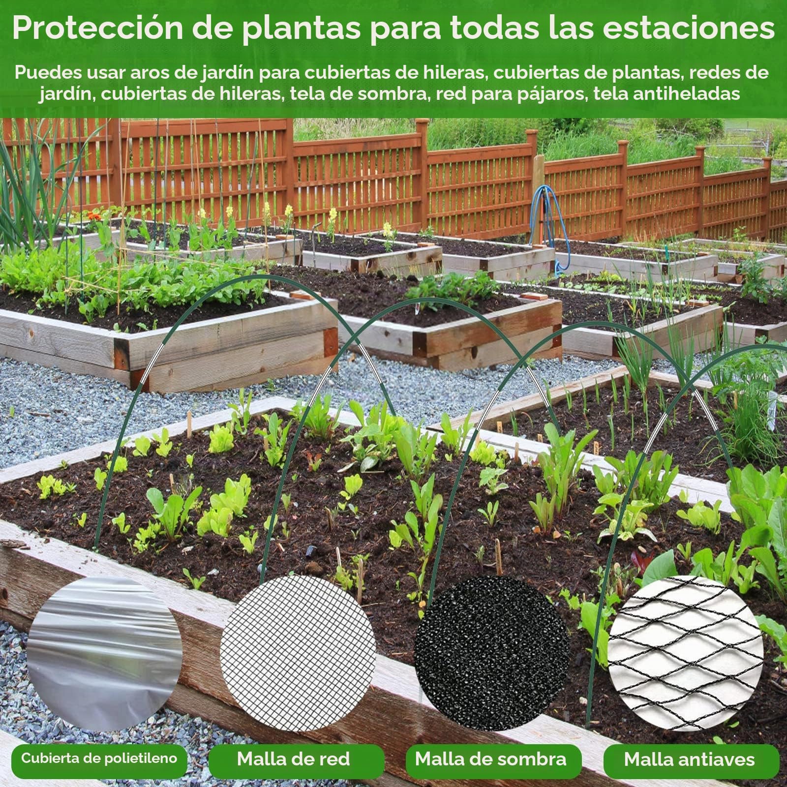36 piezas de arcos de túnel de plantación de 43 cm de diámetro, túnel de película flexible para lechos elevados, varillas de fibra de vidrio con 30 tubos de conexión de metal y 18 clips de red