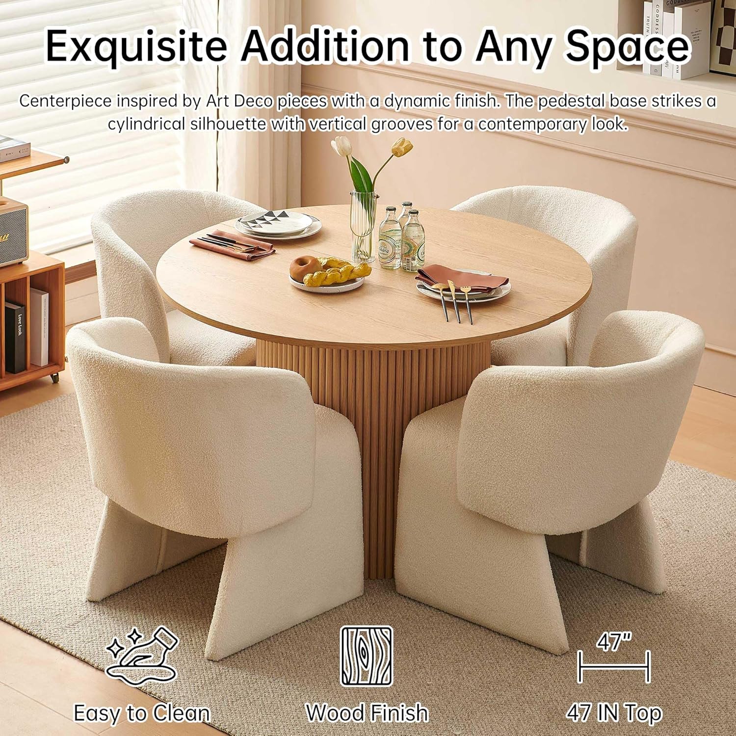 NORDICANA 5-Piece Round Dining Table Set for 4, Rustic 47-Inch Kitchen Table and Chair Set, Dining Set with Off White Upholstered Armchairs, Manufactured Wood Top with Oak Veneer Oak color table 4 Off White Chairs