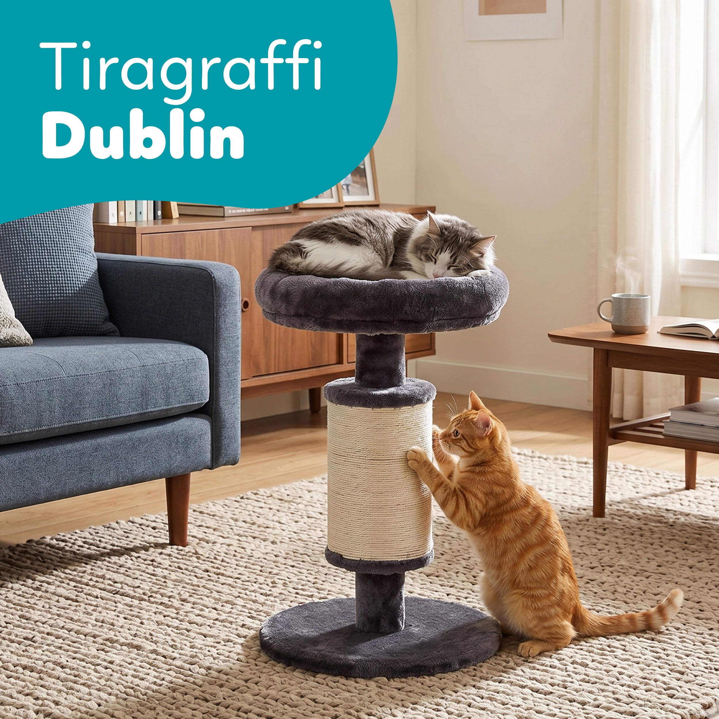 Aqpet Tiragraffi in Sisal e tessuto con piattaforma, Alto 58 cm per il massimo divertimento del tuo gatto, Colore Grigio