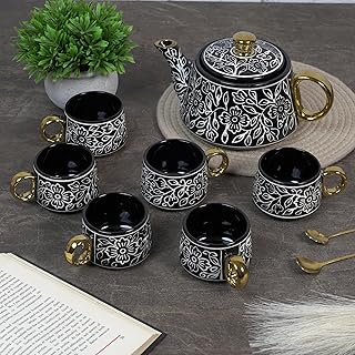 CRAF10 Ceramic Handpainted with Brush Black Desire Gold Tea Morning Set - 1 Kettle (1 Litre) & 6 Cups (160 ML) | Dishwashe... Price In India
