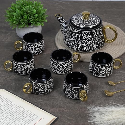 CRAF10 Ceramic Handpainted with Brush Black Desire Gold Tea Morning Set - 1 Kettle (1 Litre) &amp; 6 Cups (160 ML) | Dishwashe...
