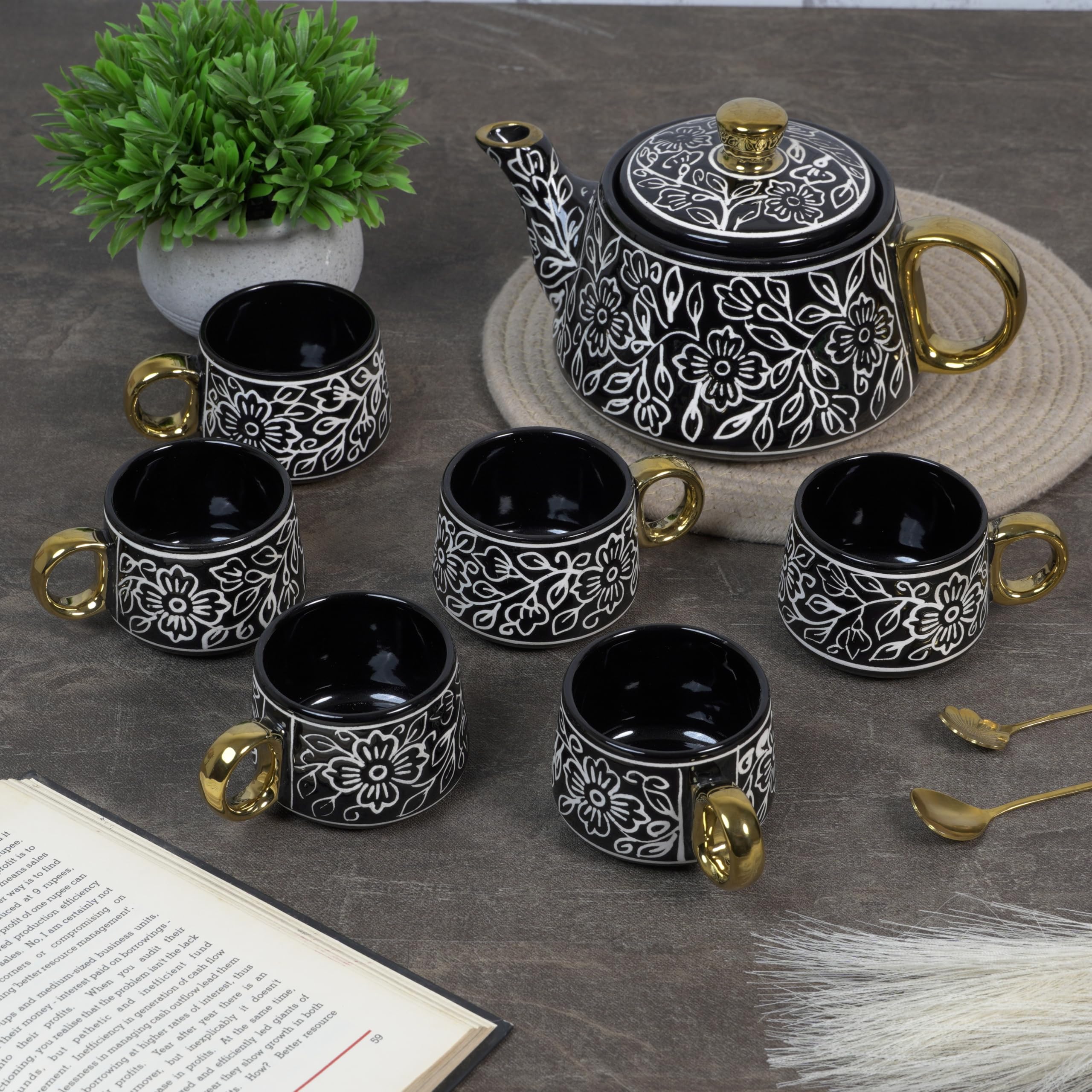 Ceramic Handpainted with Brush Black Desire Gold Tea Morning Set - 1 Kettle (1 Litre) & 6 Cups (160 ML) | Dishwasher Safe | Teapot | Tea Sets with Kettle for Gifting-image-49